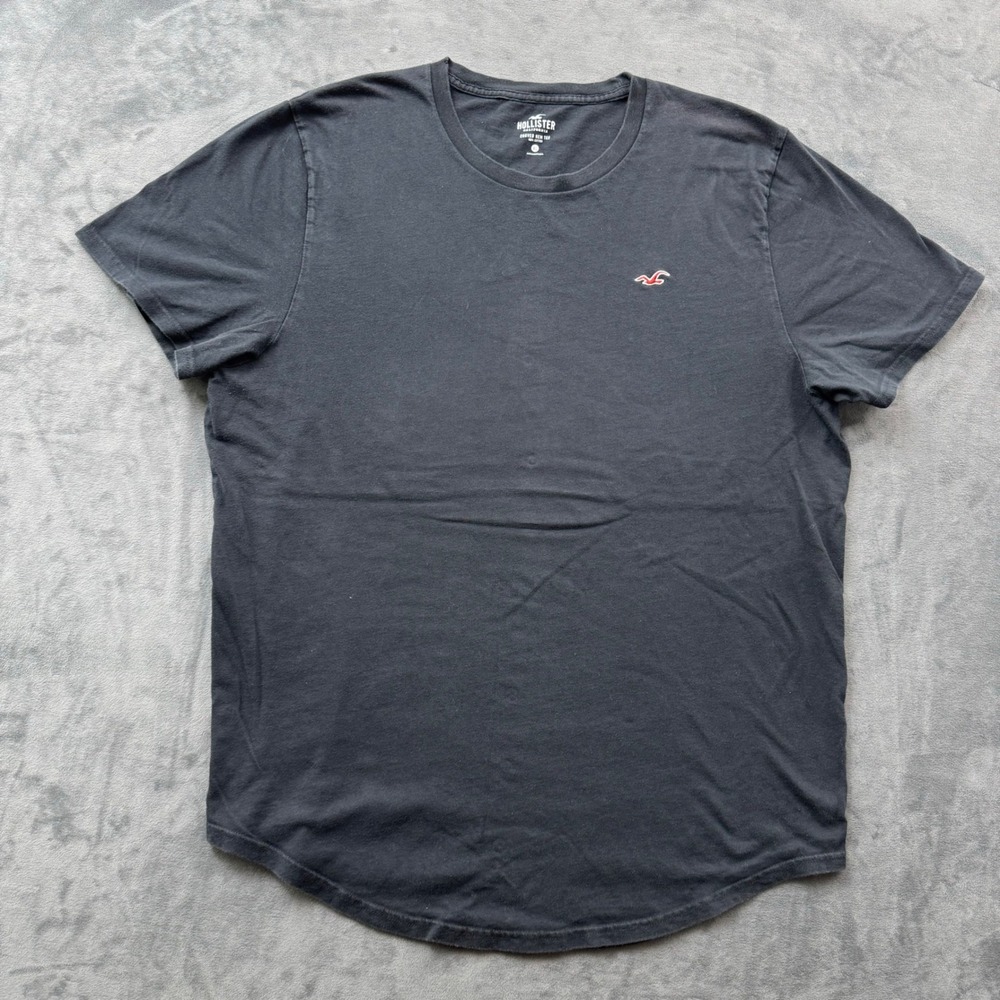 Hollister Mens XL Black Curved Hem Short Sleeve Crew Neck Cotton Seagull Logo